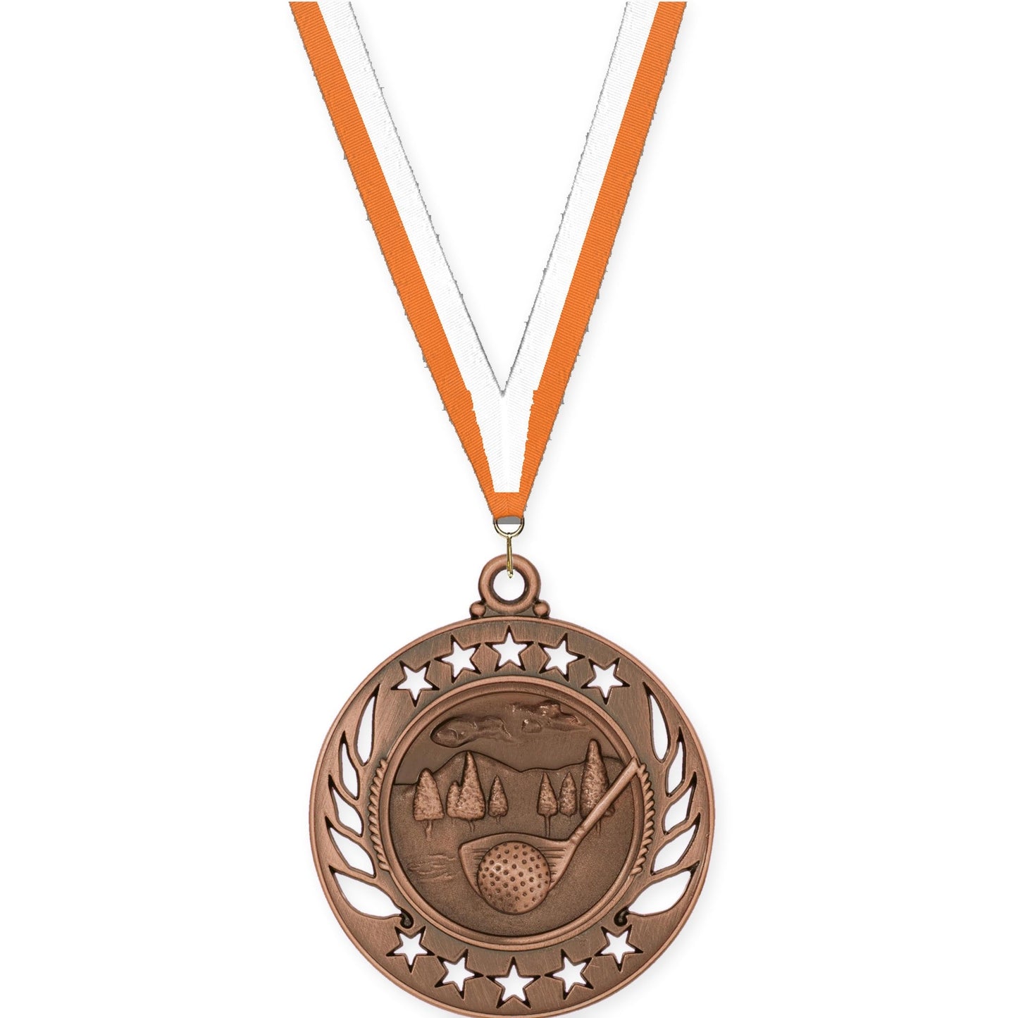 2 1/4 inch golf Galaxy medal in antique bronze with Orange White neck ribbon