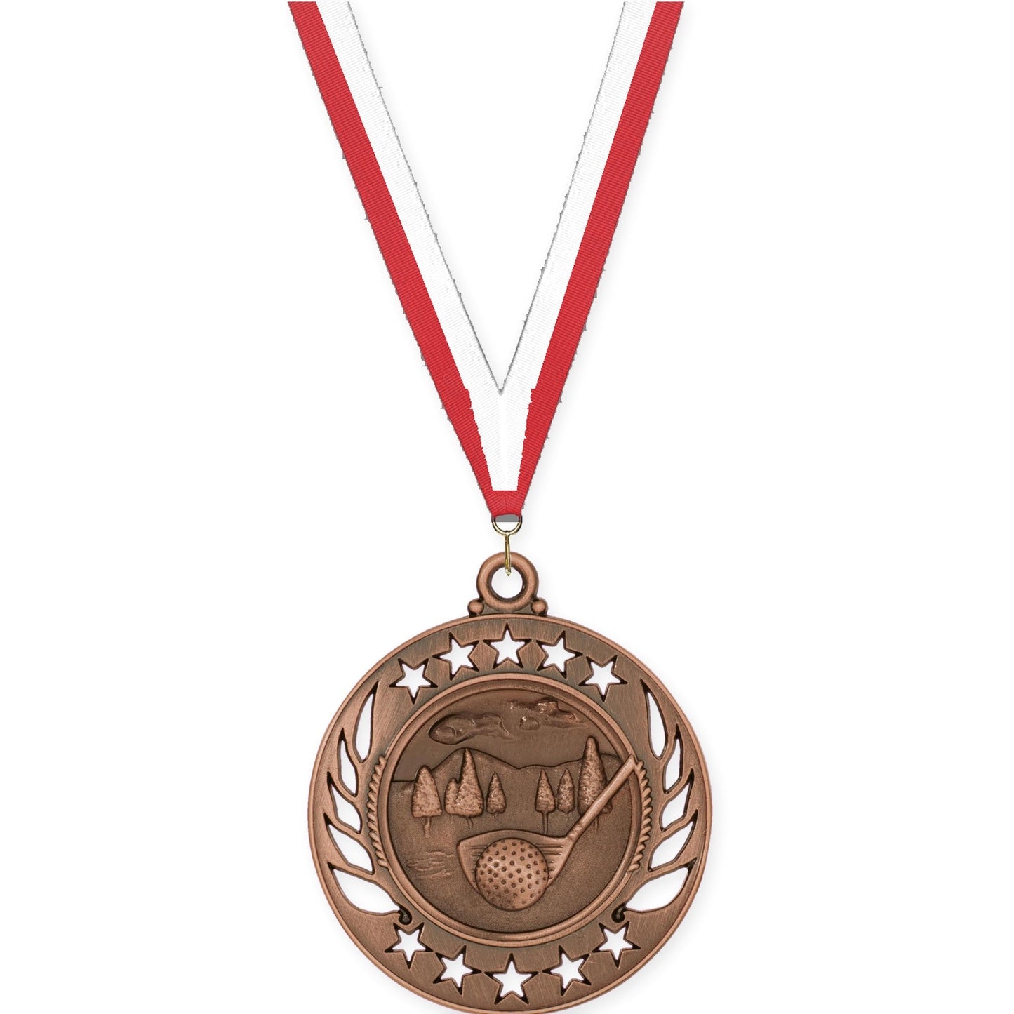 2 1/4 inch golf Galaxy medal in antique bronze with Red White neck ribbon