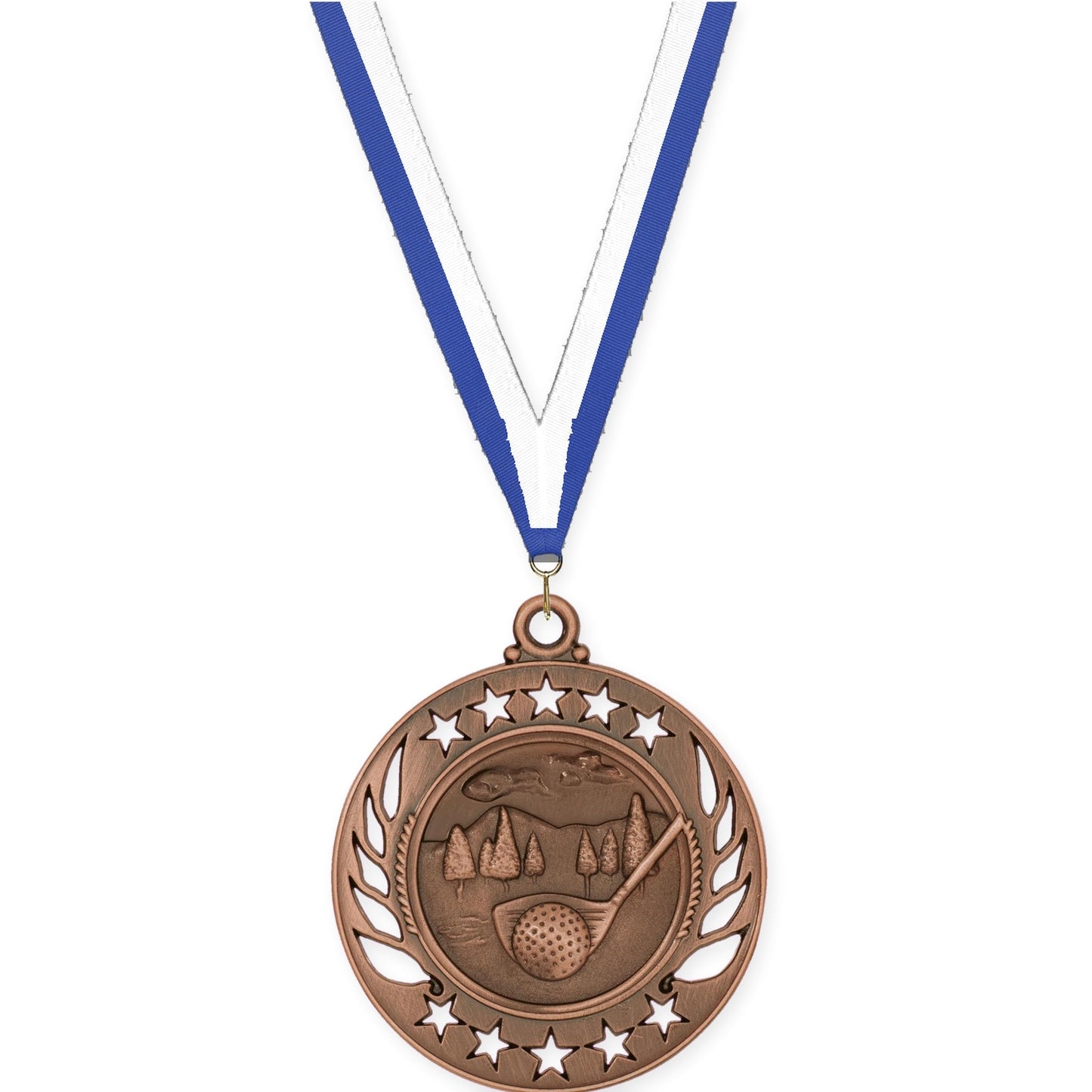 2 1/4 inch golf Galaxy medal in antique bronze with Blue White neck ribbon