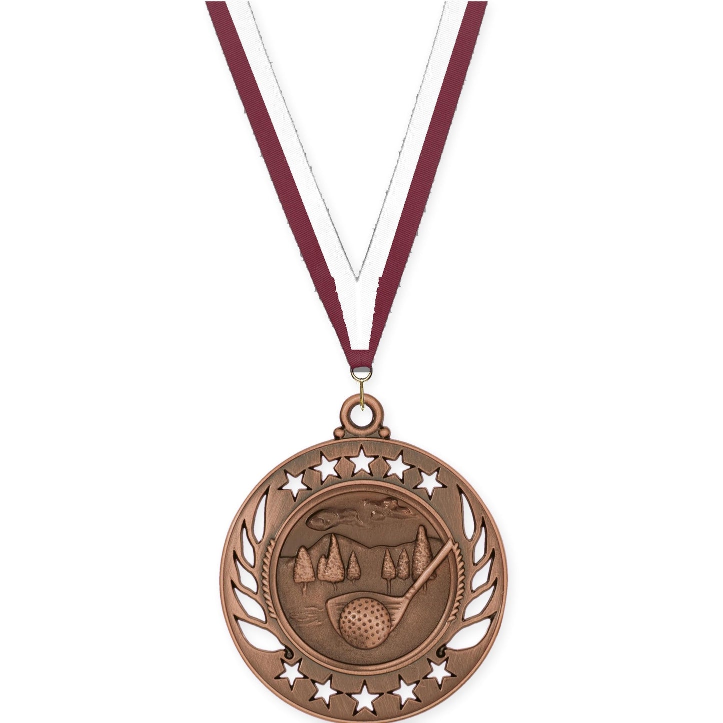 2 1/4 inch golf Galaxy medal in antique bronze with Maroon White neck ribbon