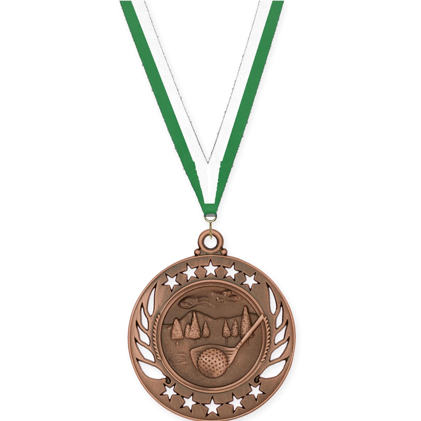 2 1/4 inch golf Galaxy medal in antique bronze with Green White neck ribbon