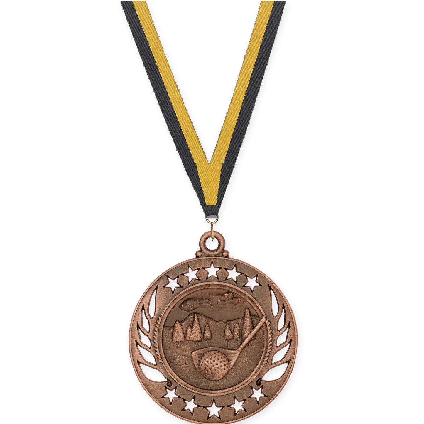 2 1/4 inch golf Galaxy medal in antique bronze with Black Gold neck ribbon