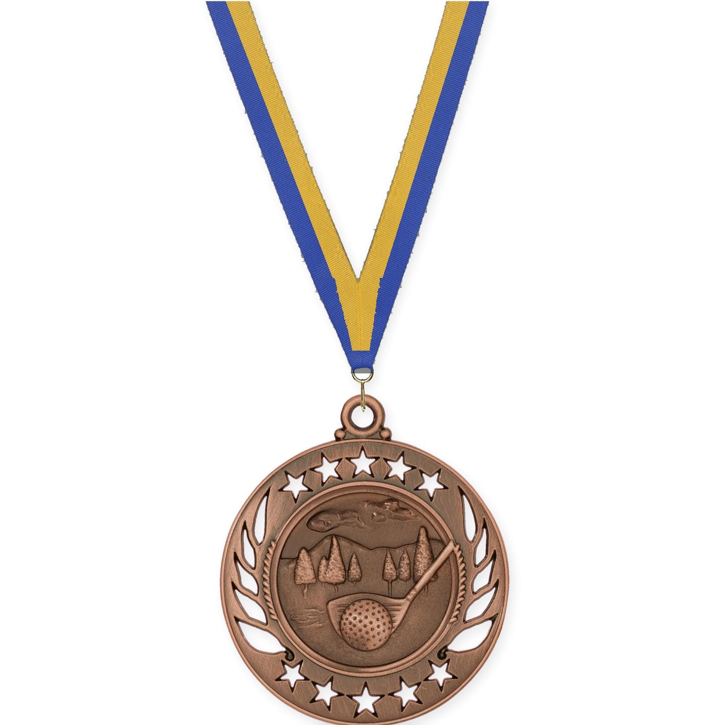 2 1/4 inch golf Galaxy medal in antique bronze with Blue Gold neck ribbon