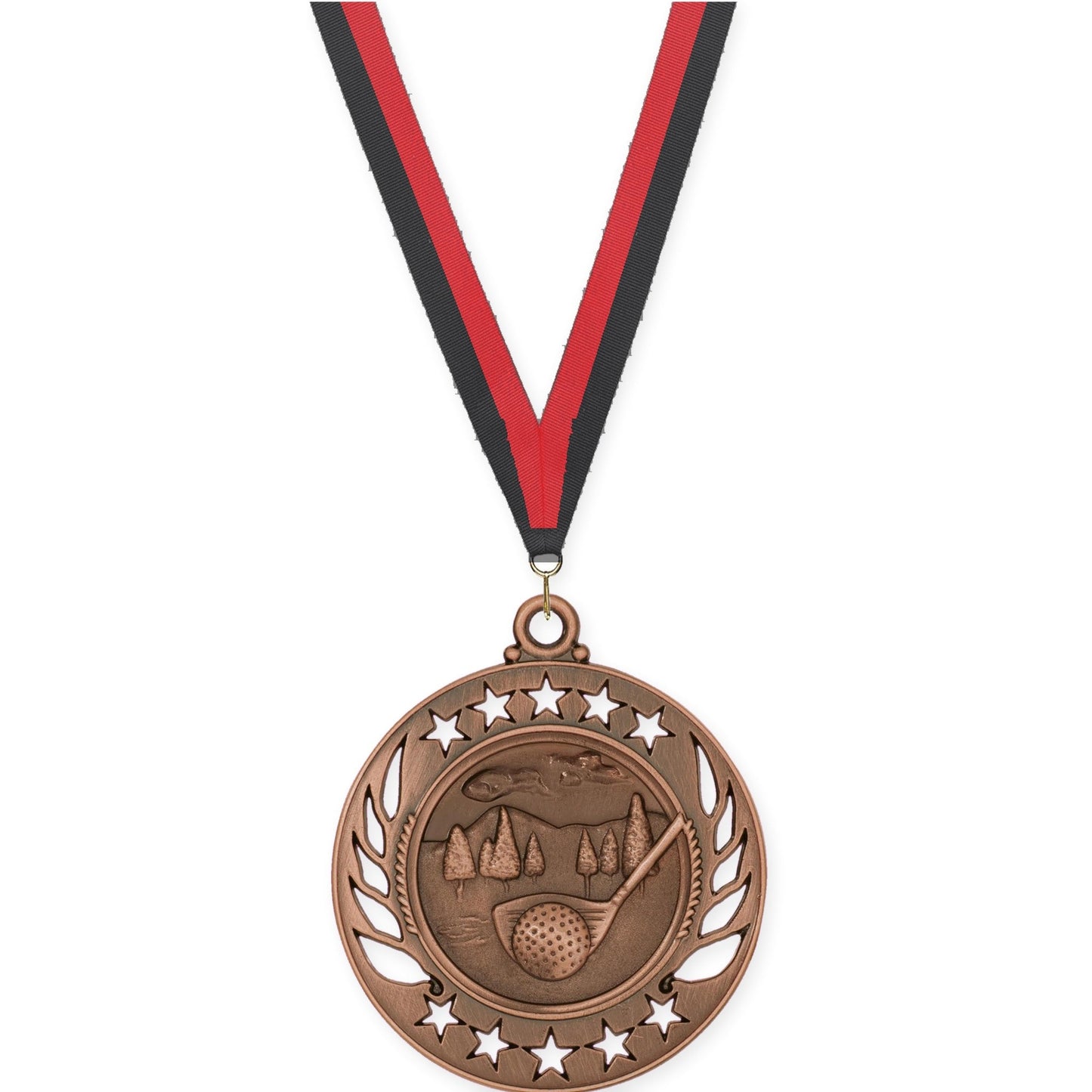 2 1/4 inch golf Galaxy medal in antique bronze with Black Red neck ribbon