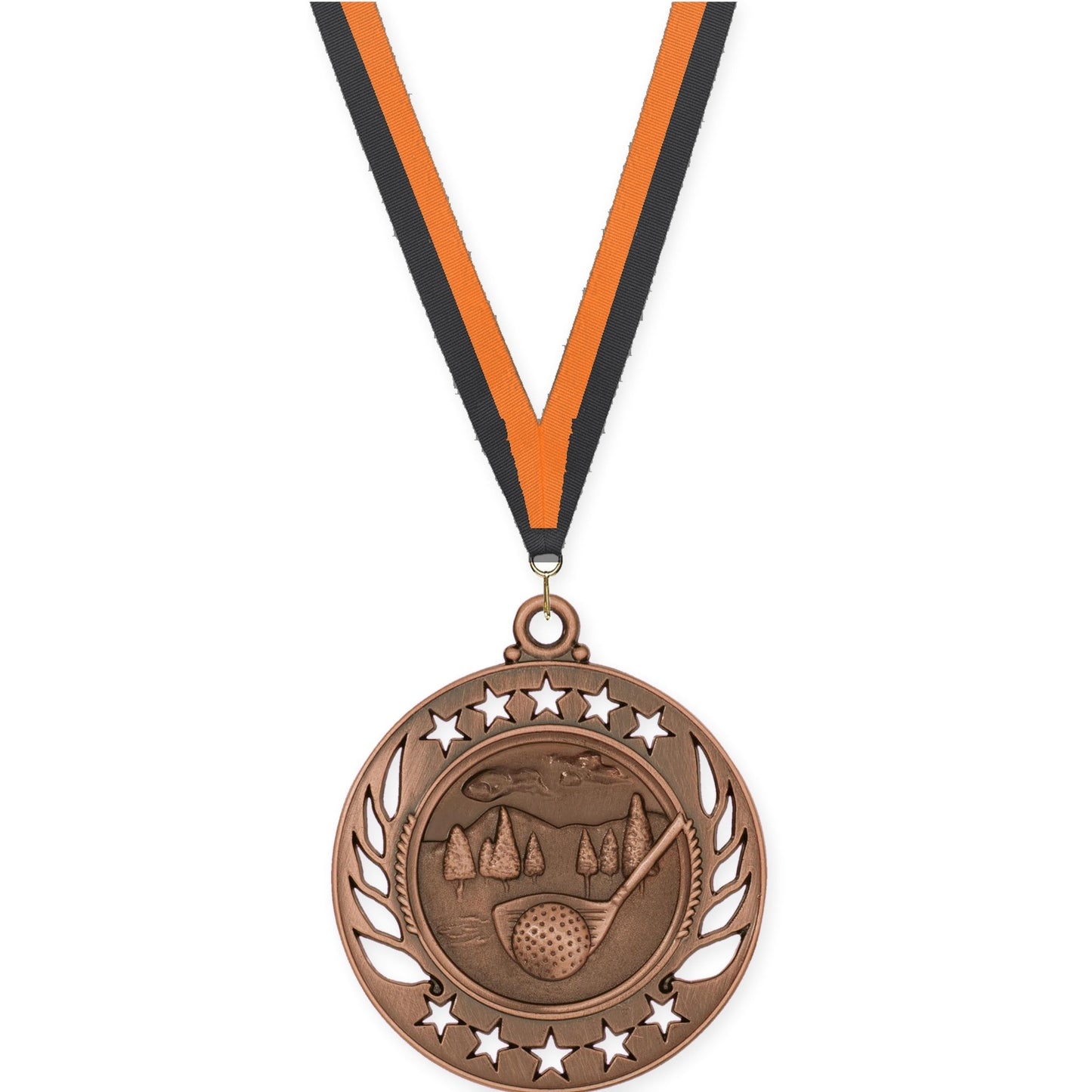 2 1/4 inch golf Galaxy medal in antique bronze with Black Orange neck ribbon