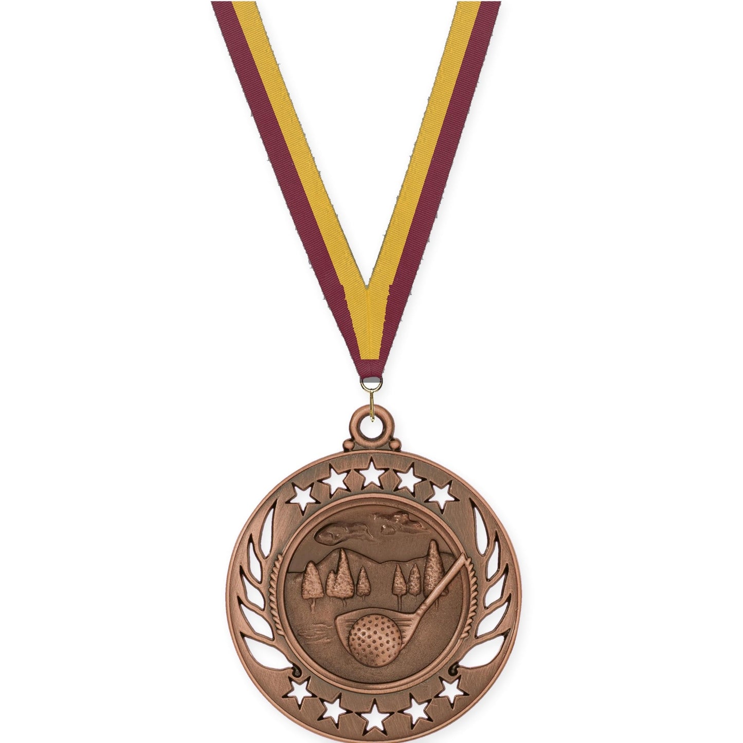2 1/4 inch golf Galaxy medal in antique bronze with Maroon Gold neck ribbon