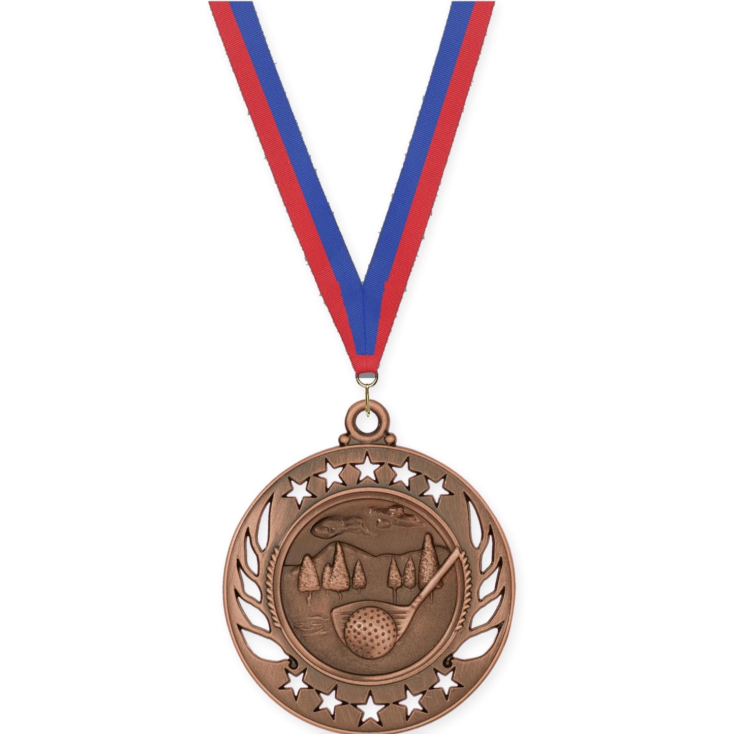 2 1/4 inch golf Galaxy medal in antique bronze with Blue Red neck ribbon