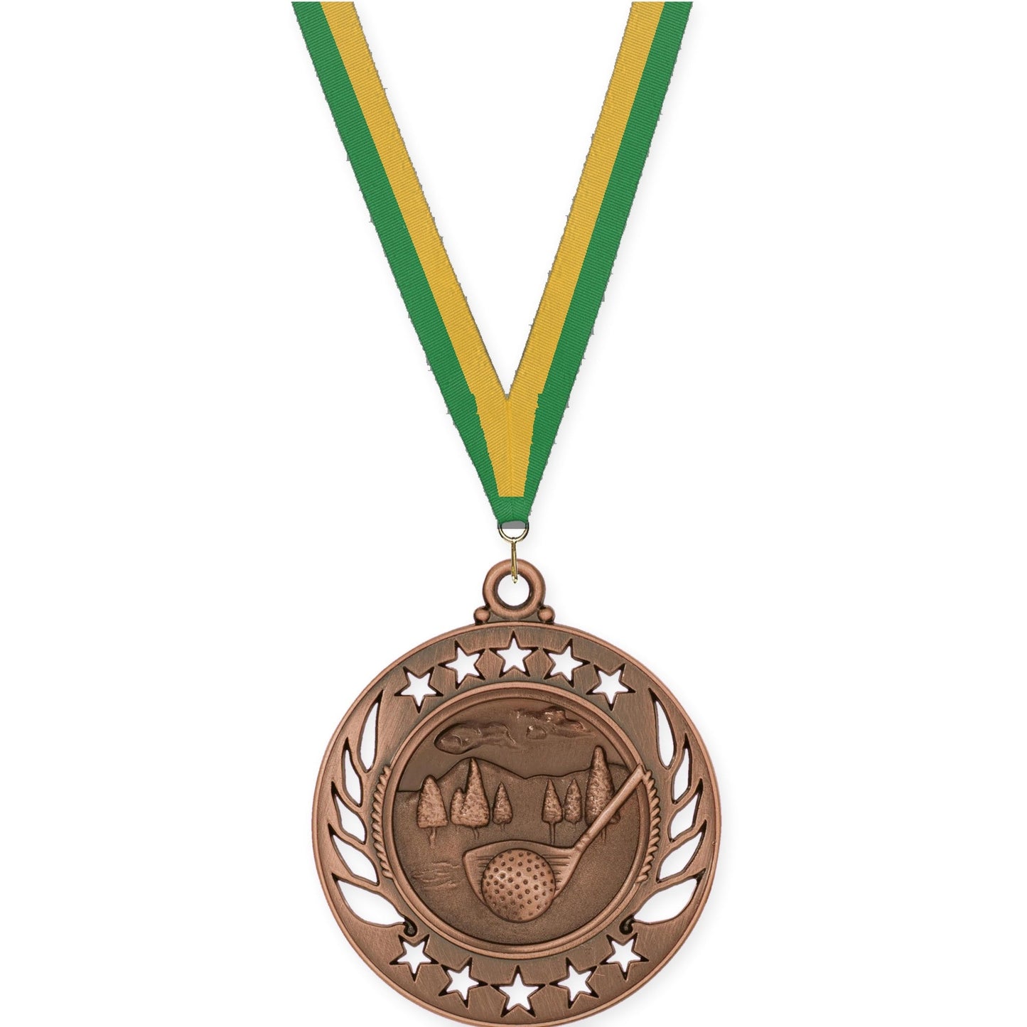 2 1/4 inch golf Galaxy medal in antique bronze with Green Gold neck ribbon