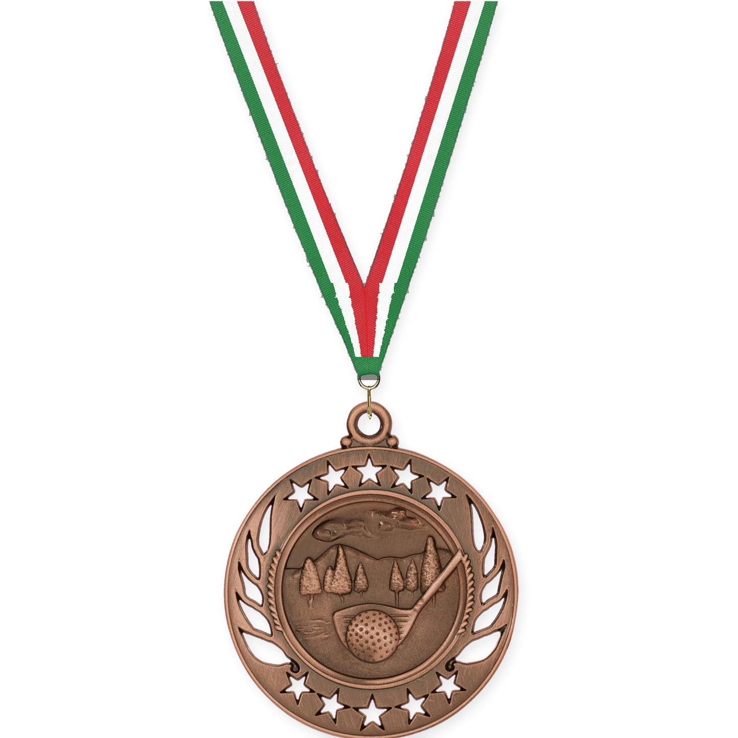 2 1/4 inch golf Galaxy medal in antique bronze with Green White Red neck ribbon