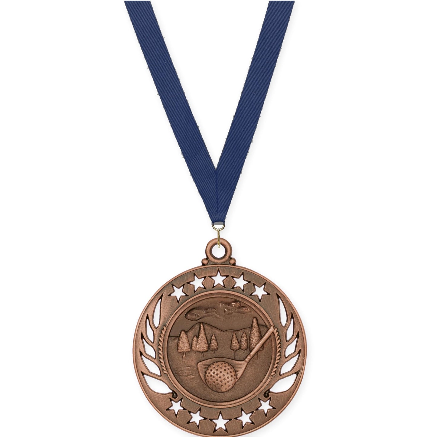 2 1/4 inch golf Galaxy medal in antique bronze with Navy neck ribbon
