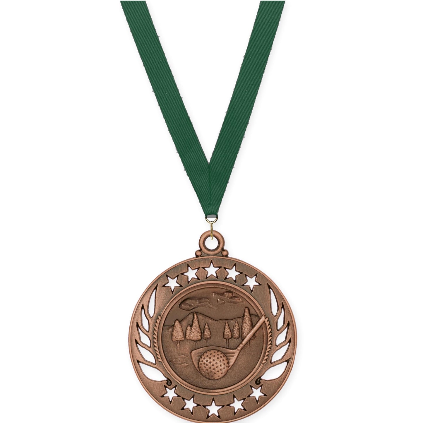 2 1/4 inch golf Galaxy medal in antique bronze with Hunter Green neck ribbon