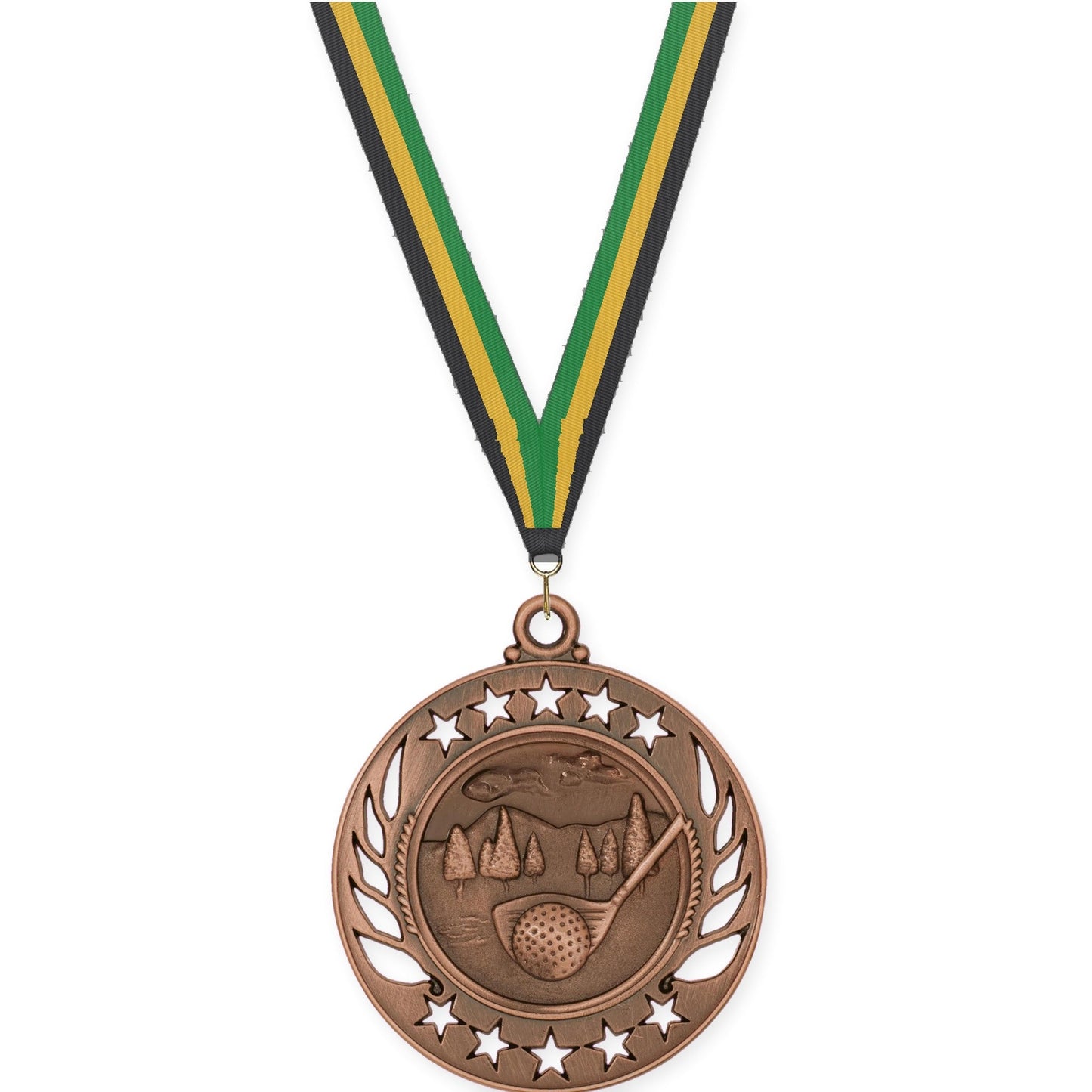 2 1/4 inch golf Galaxy medal in antique bronze with Black Gold Green neck ribbon