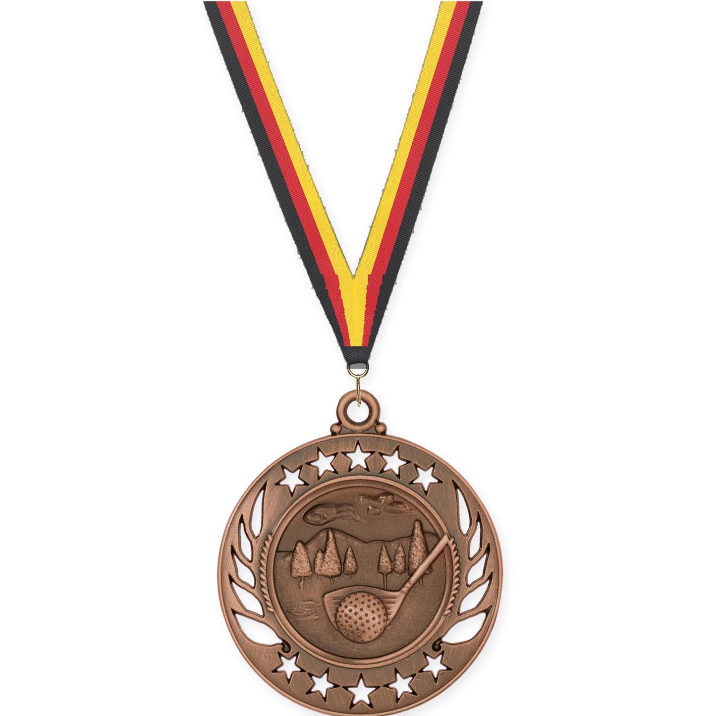 2 1/4 inch golf Galaxy medal in antique bronze with Black Red Yellow neck ribbon