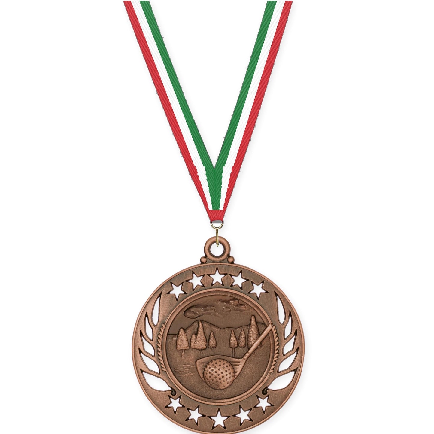 2 1/4 inch golf Galaxy medal in antique bronze with Red White Green neck ribbon