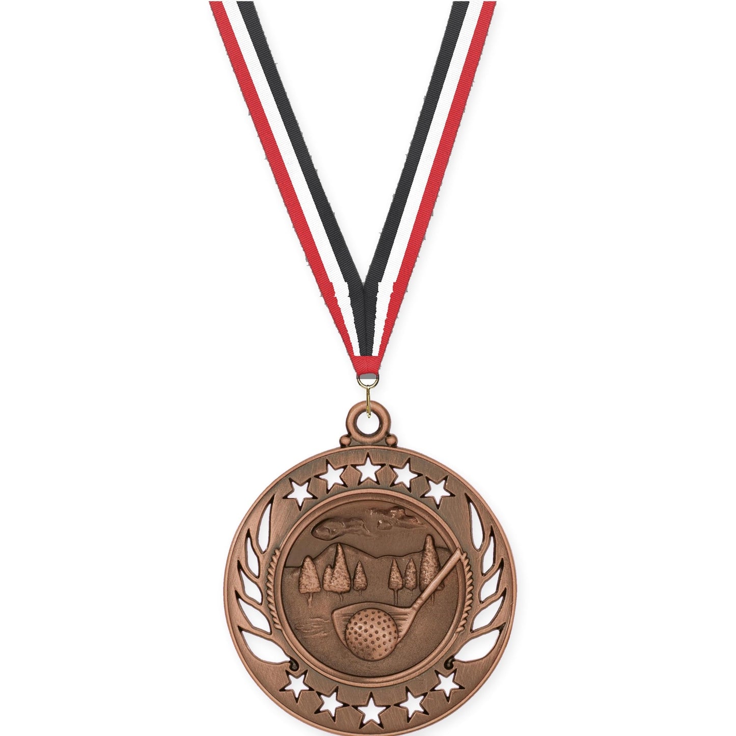 2 1/4 inch golf Galaxy medal in antique bronze with Red White Black neck ribbon