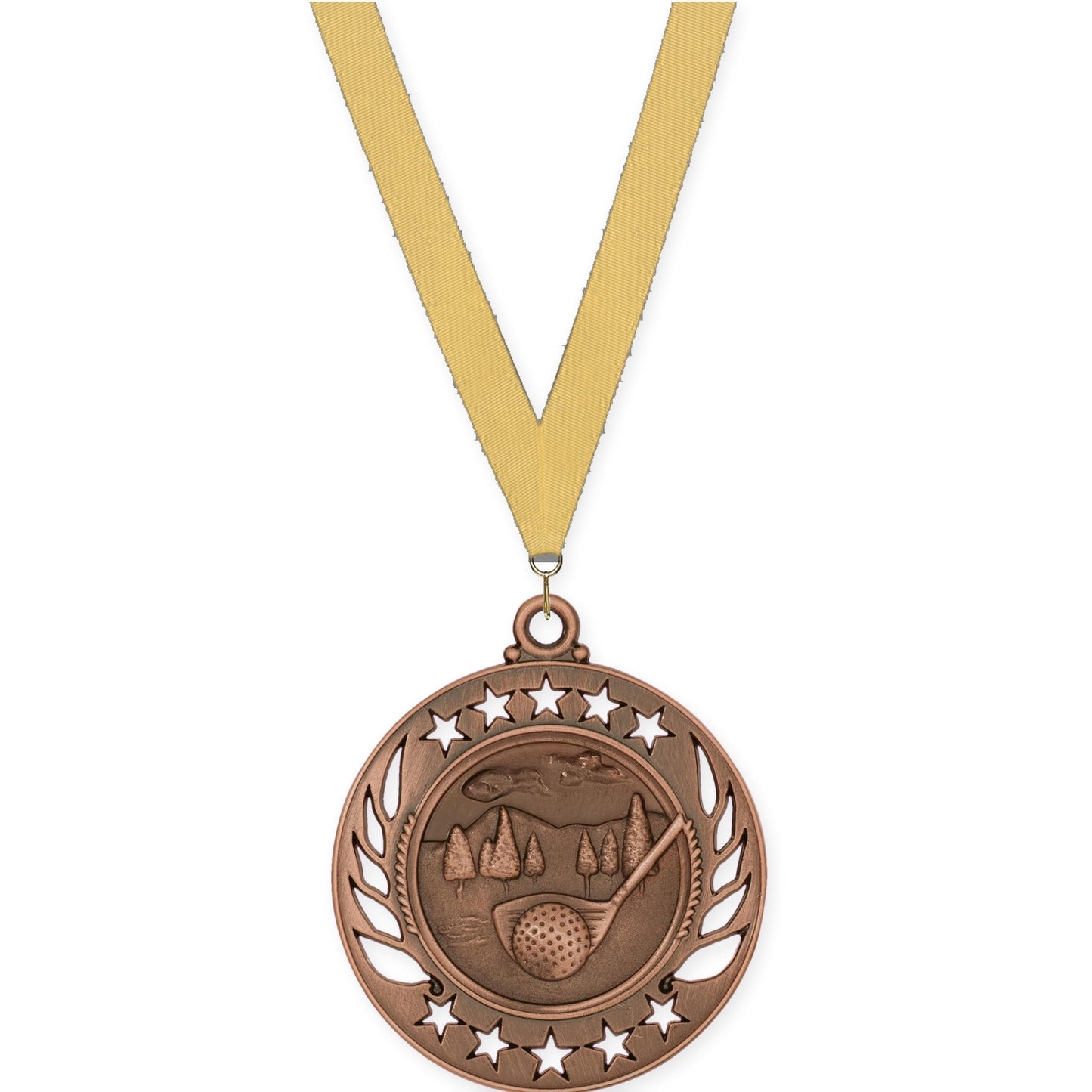 2 1/4 inch golf Galaxy medal in antique bronze with Gold Metallic neck ribbon