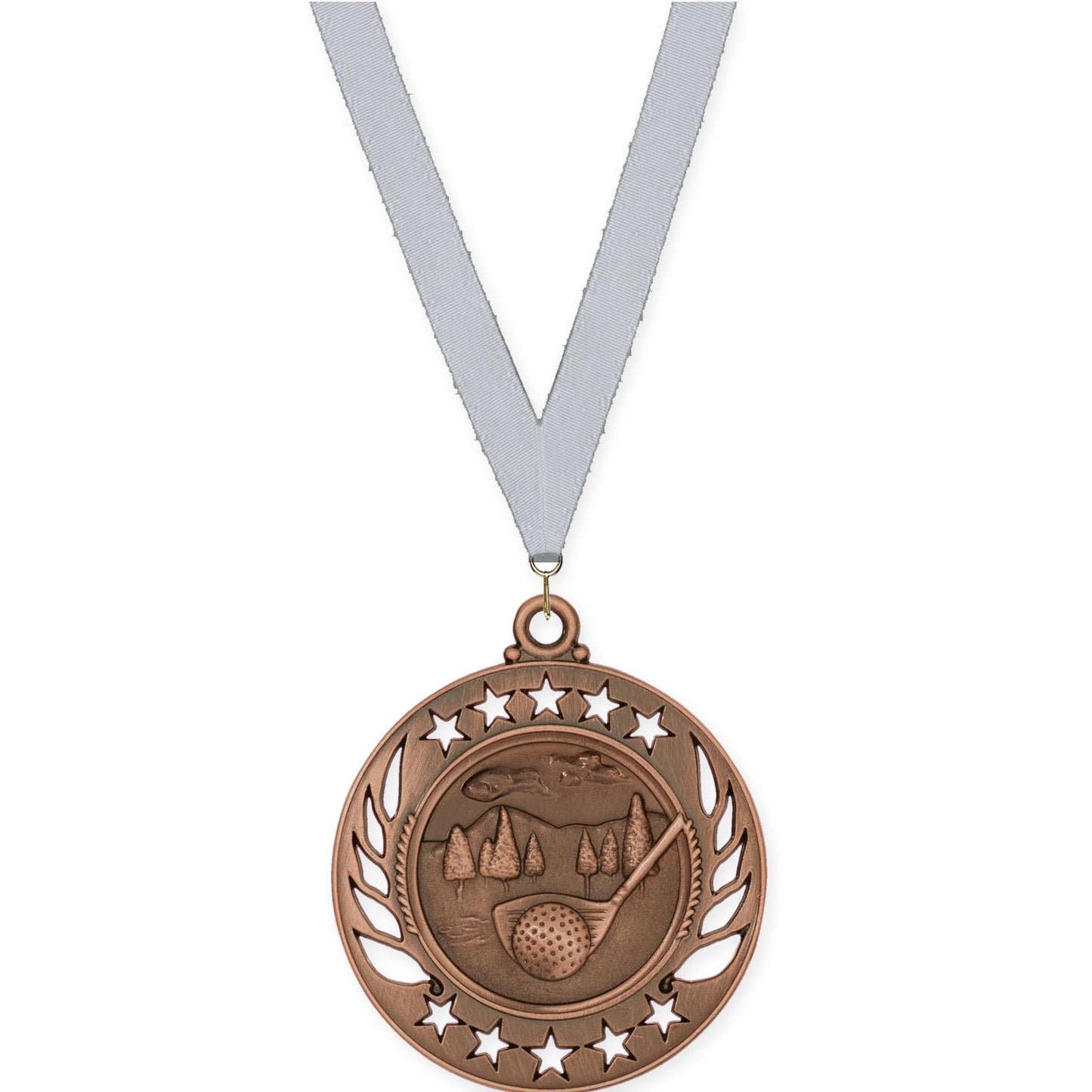 2 1/4 inch golf Galaxy medal in antique bronze with Silver Metallic neck ribbon