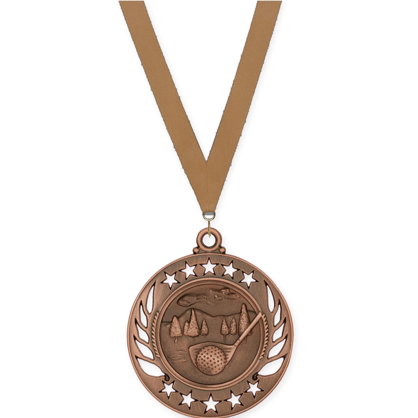 2 1/4 inch golf Galaxy medal in antique bronze with Bronze Metallic neck ribbon