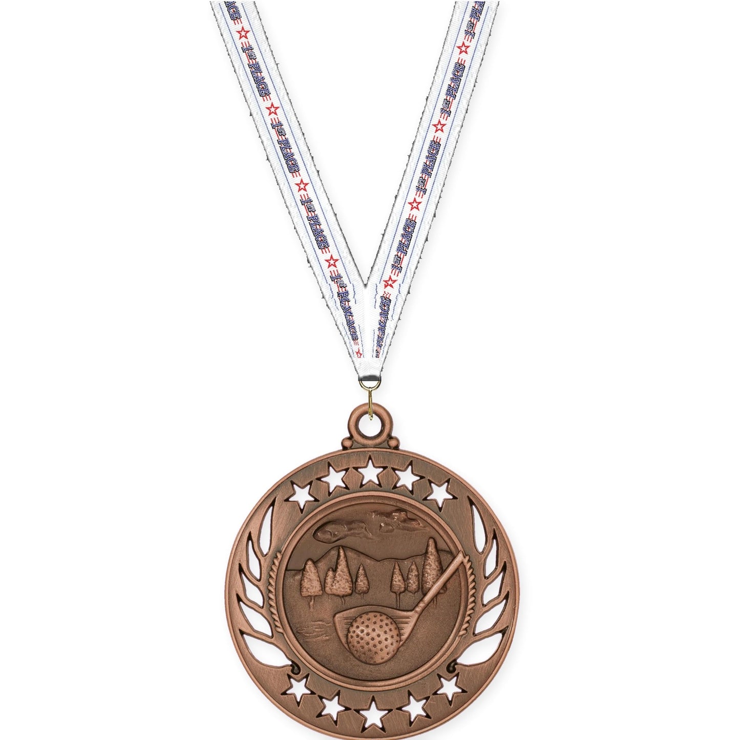 2 1/4 inch golf Galaxy medal in antique bronze with 1st Place neck ribbon