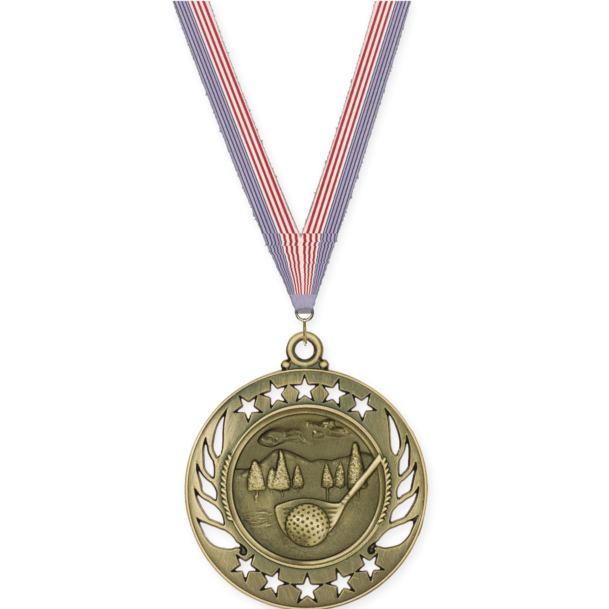 2 1/4 inch golf Galaxy medal in antique gold with USA Flag neck ribbon