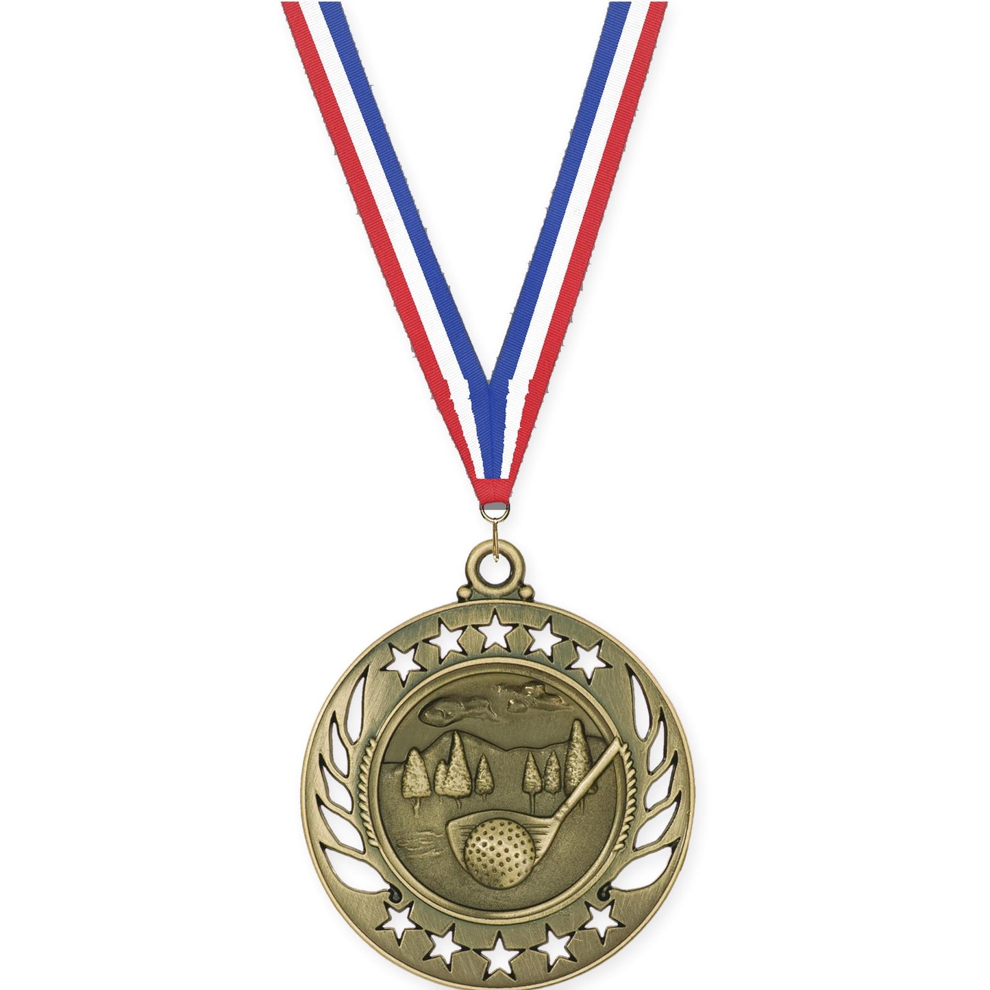 2 1/4 inch golf Galaxy medal in antique gold with Red White Blue neck ribbon