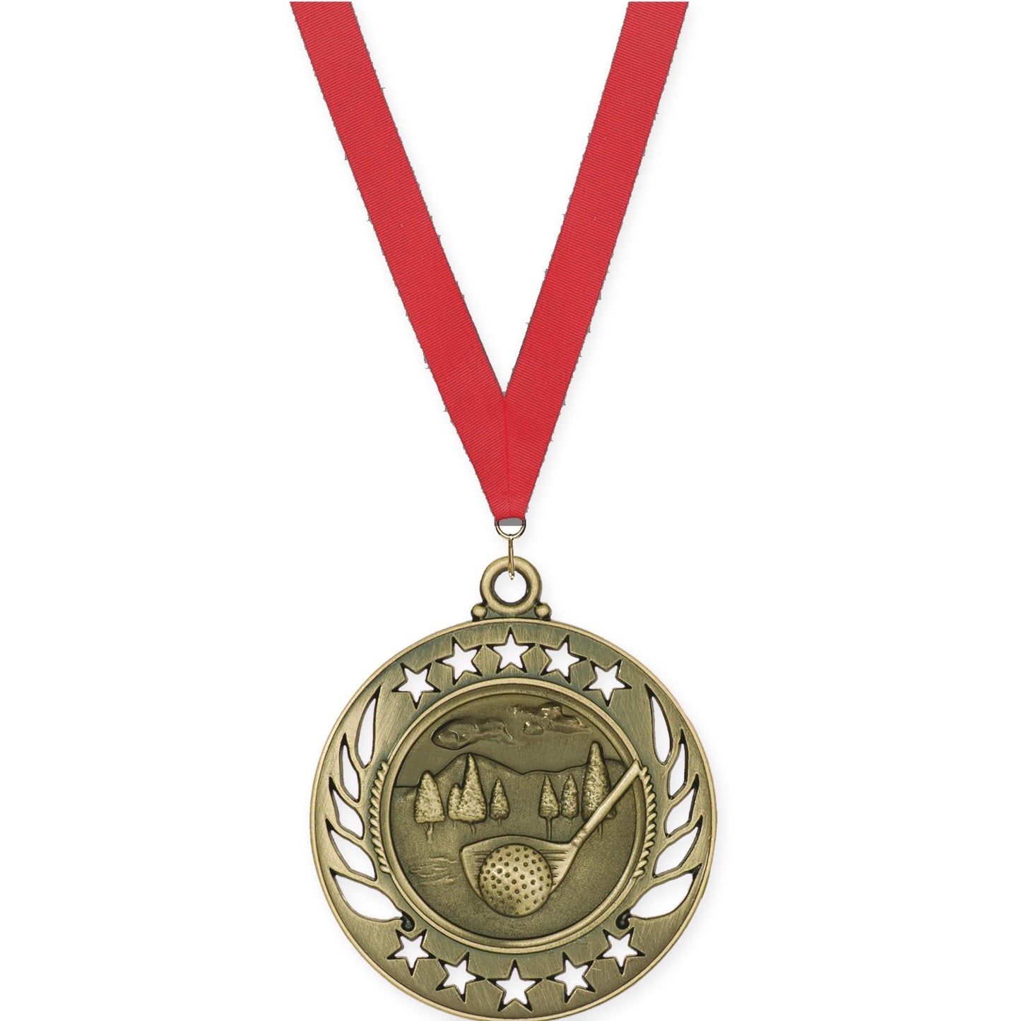 2 1/4 inch golf Galaxy medal in antique gold with Red neck ribbon