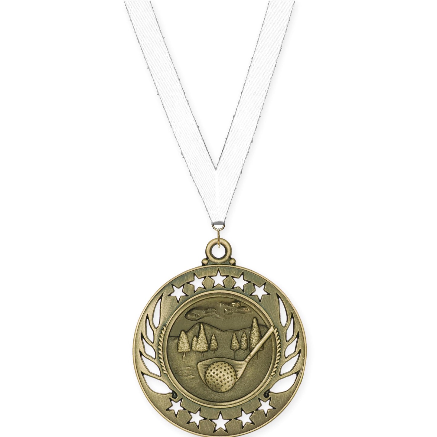 2 1/4 inch golf Galaxy medal in antique gold with White neck ribbon