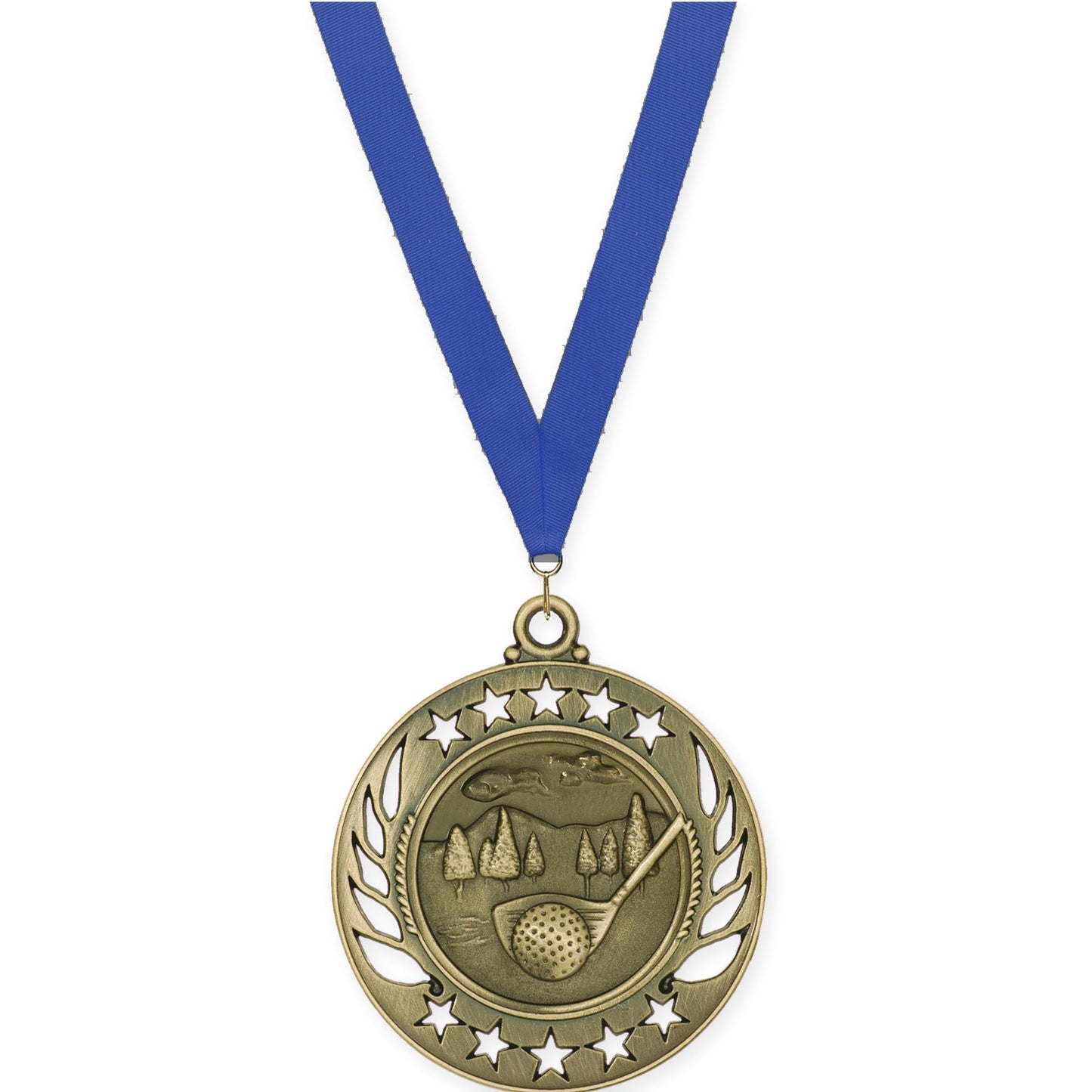 2 1/4 inch golf Galaxy medal in antique gold with Blue neck ribbon