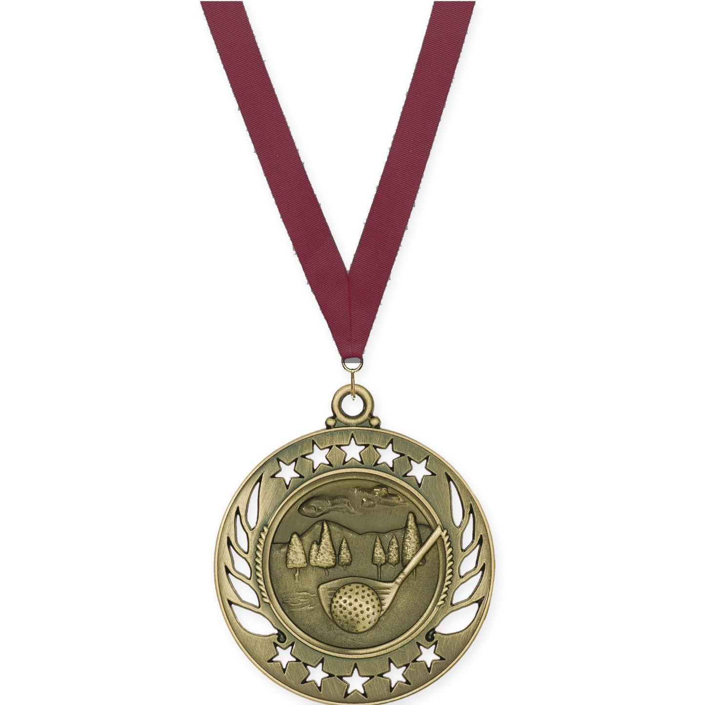 2 1/4 inch golf Galaxy medal in antique gold with Maroon neck ribbon