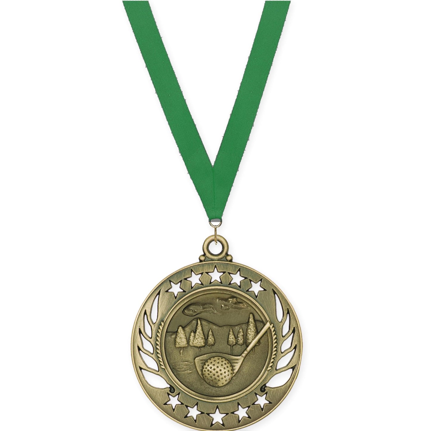 2 1/4 inch golf Galaxy medal in antique gold with Green neck ribbon
