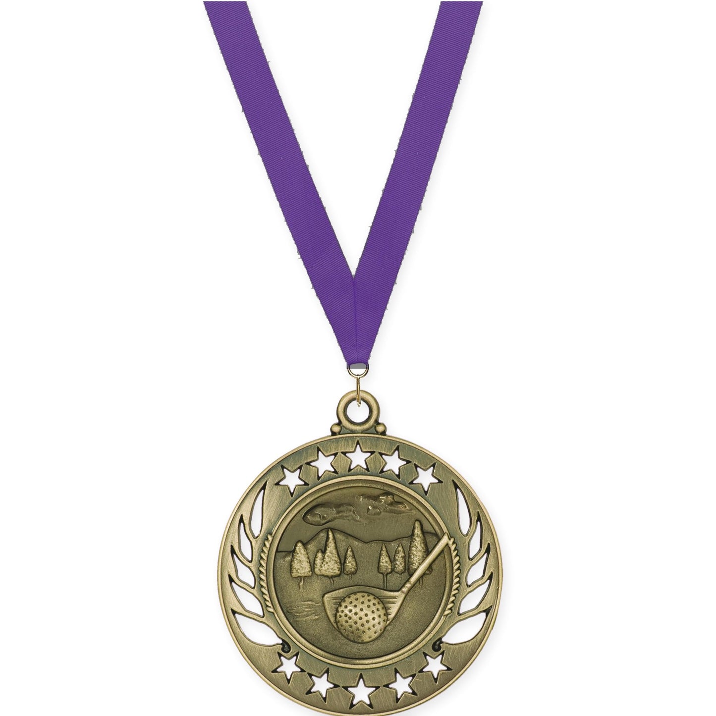 2 1/4 inch golf Galaxy medal in antique gold with Purple neck ribbon