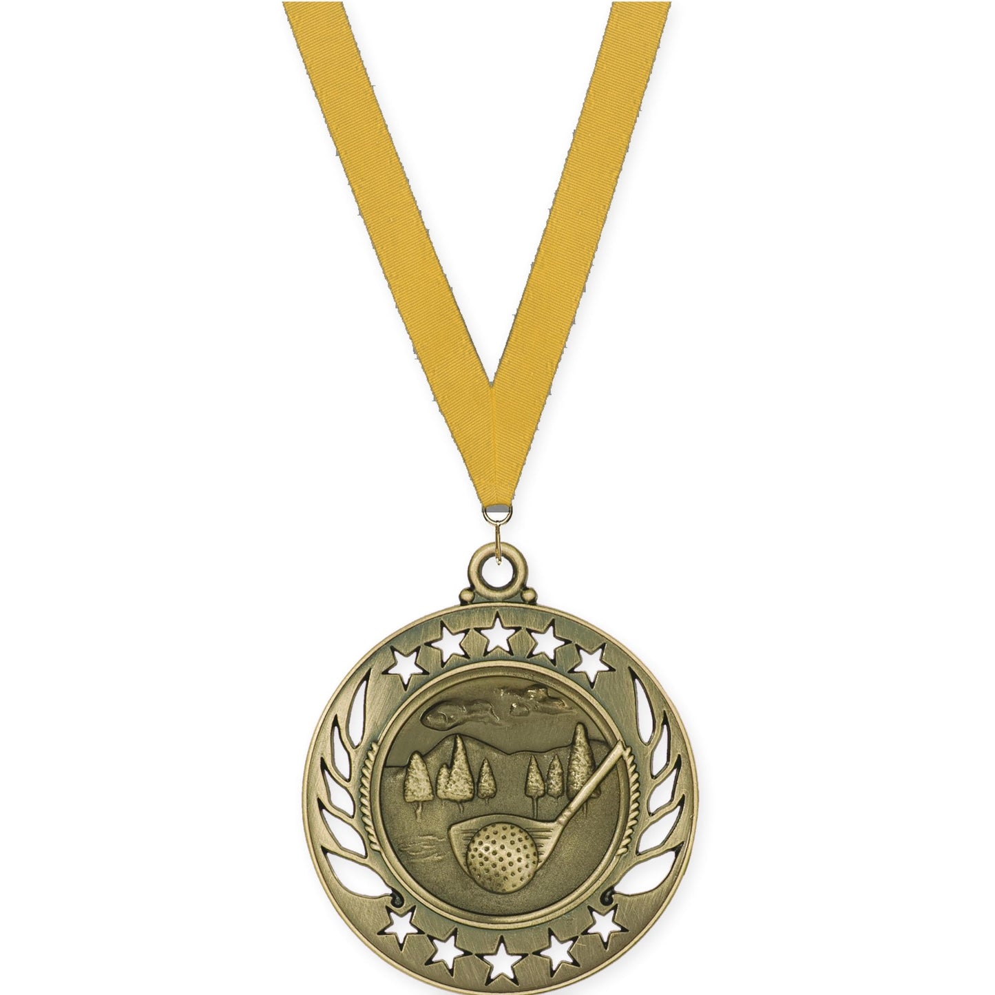 2 1/4 inch golf Galaxy medal in antique gold with Gold neck ribbon