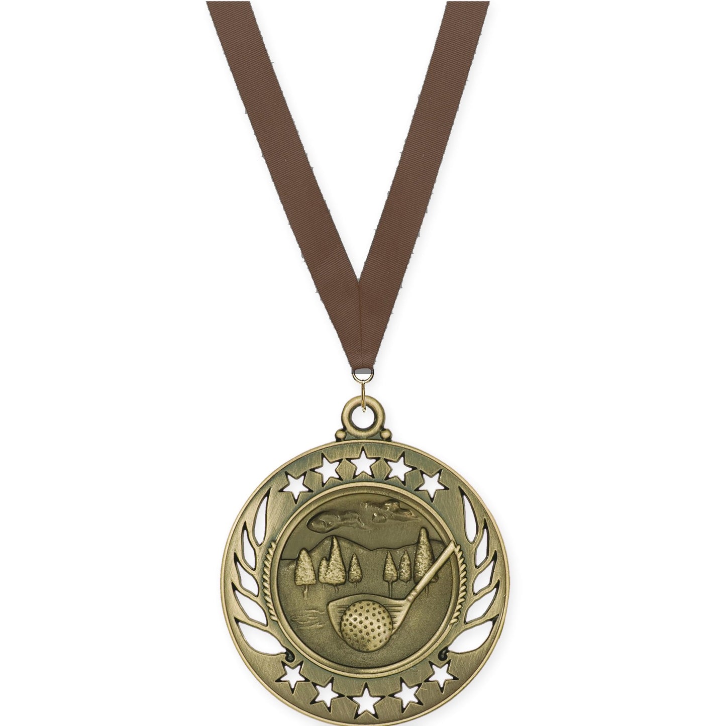 2 1/4 inch golf Galaxy medal in antique gold with Brown neck ribbon