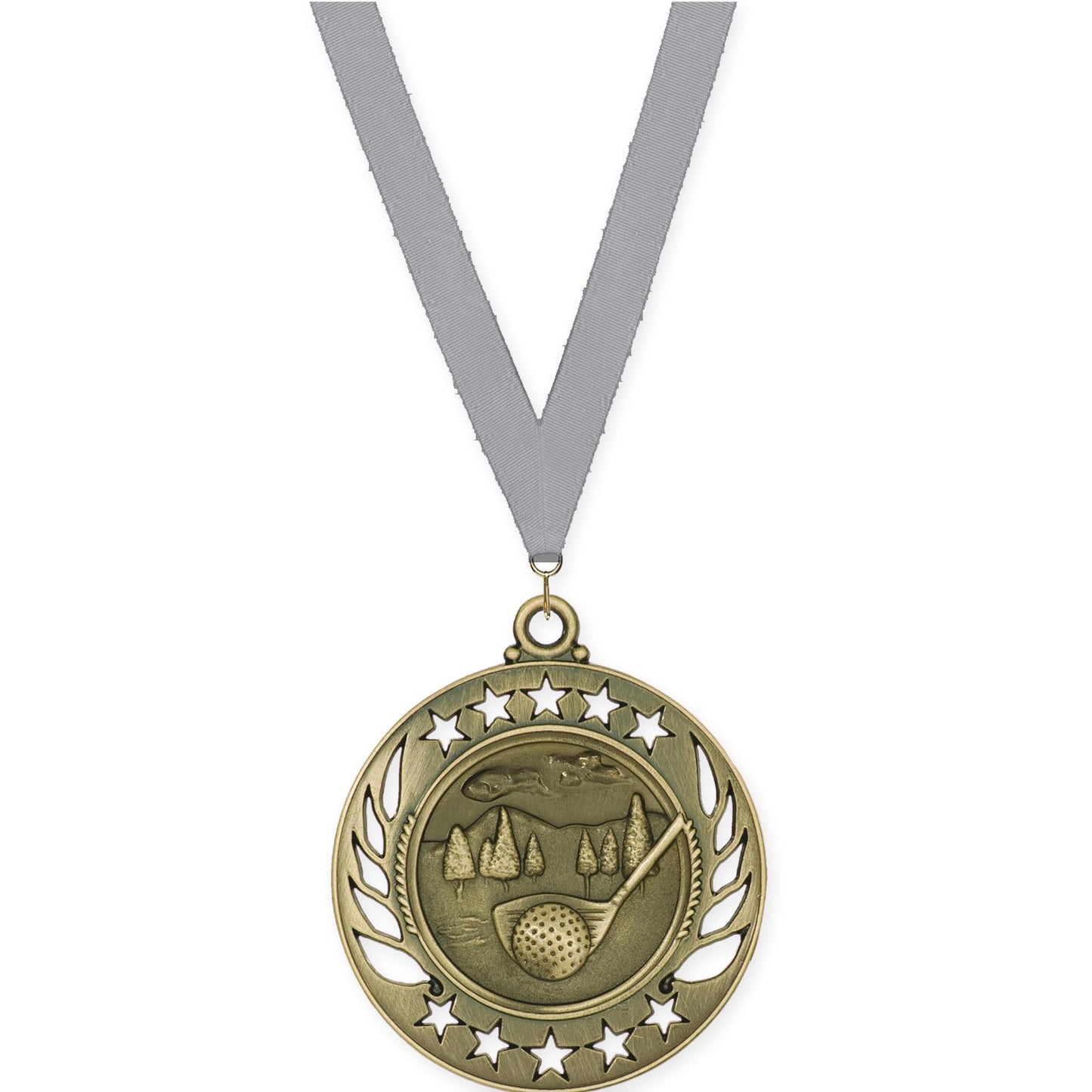 2 1/4 inch golf Galaxy medal in antique gold with Gray neck ribbon