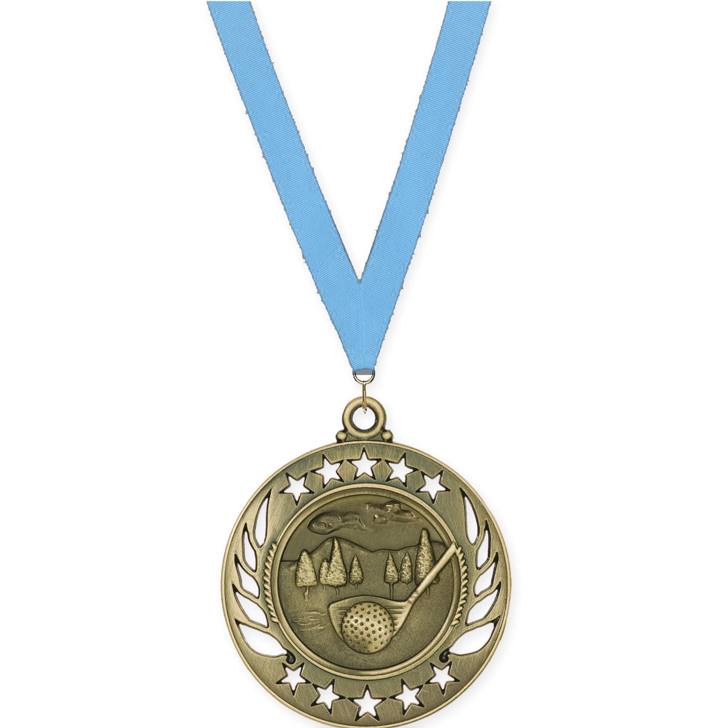 2 1/4 inch golf Galaxy medal in antique gold with Light Blue neck ribbon