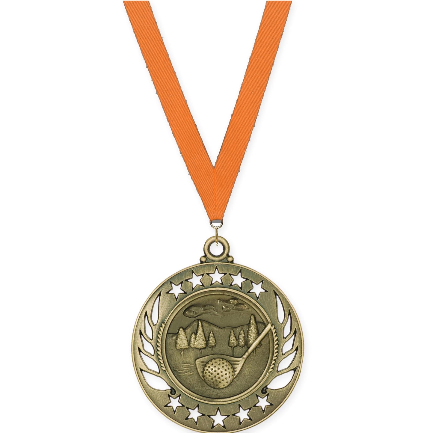 2 1/4 inch golf Galaxy medal in antique gold with Orange neck ribbon