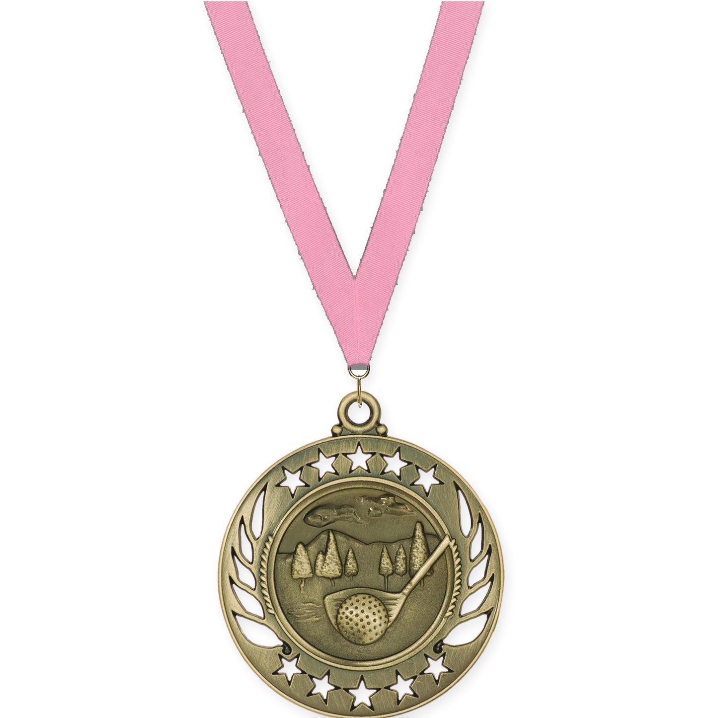 2 1/4 inch golf Galaxy medal in antique gold with Pink neck ribbon