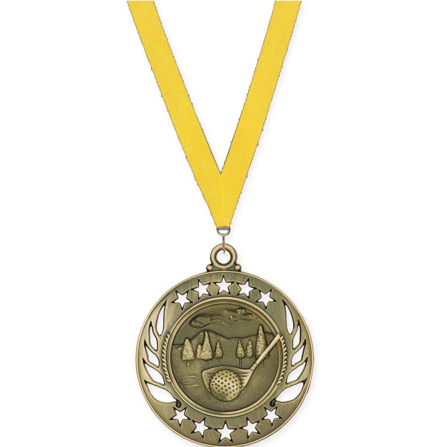 2 1/4 inch golf Galaxy medal in antique gold with Yellow neck ribbon