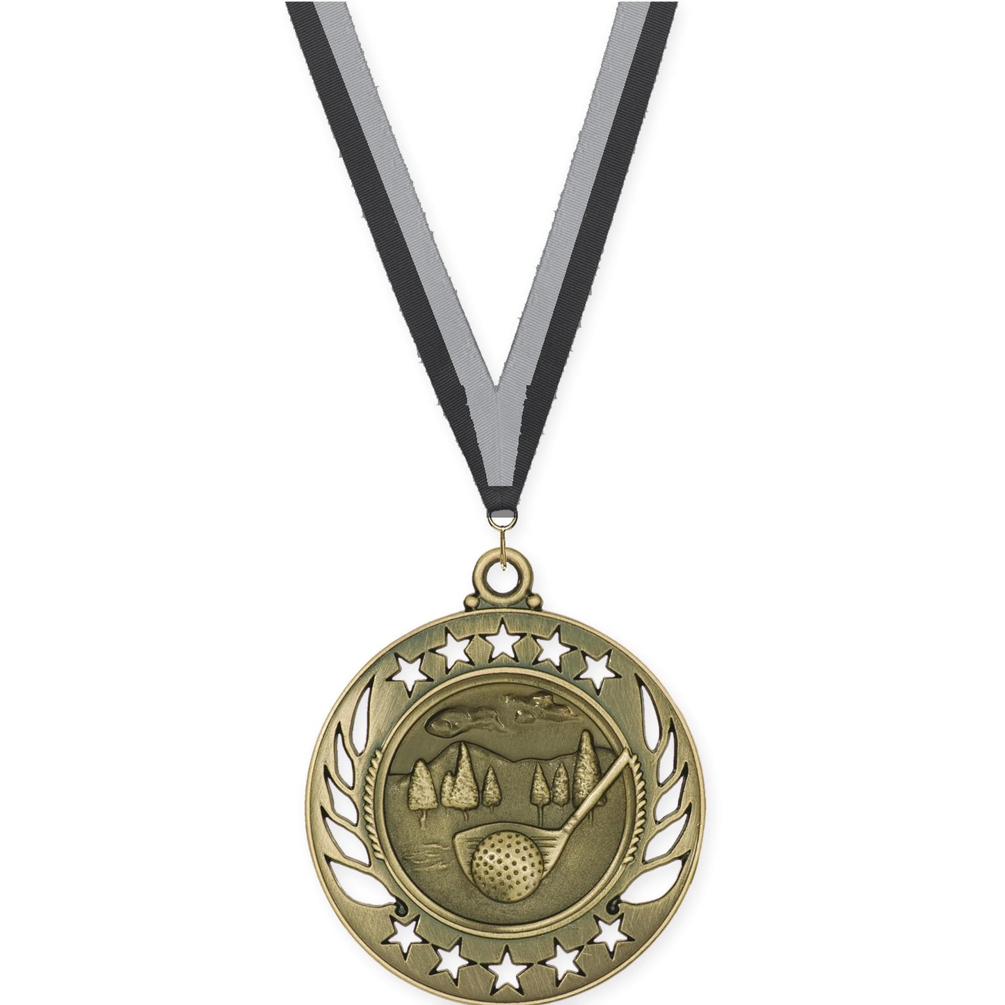 2 1/4 inch golf Galaxy medal in antique gold with Black Gray neck ribbon
