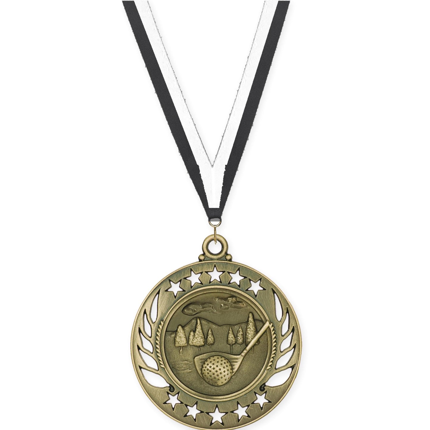 2 1/4 inch golf Galaxy medal in antique gold with Black White neck ribbon