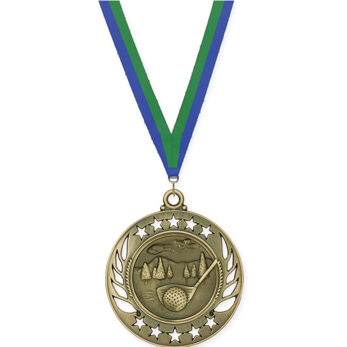 2 1/4 inch golf Galaxy medal in antique gold with Blue Green neck ribbon