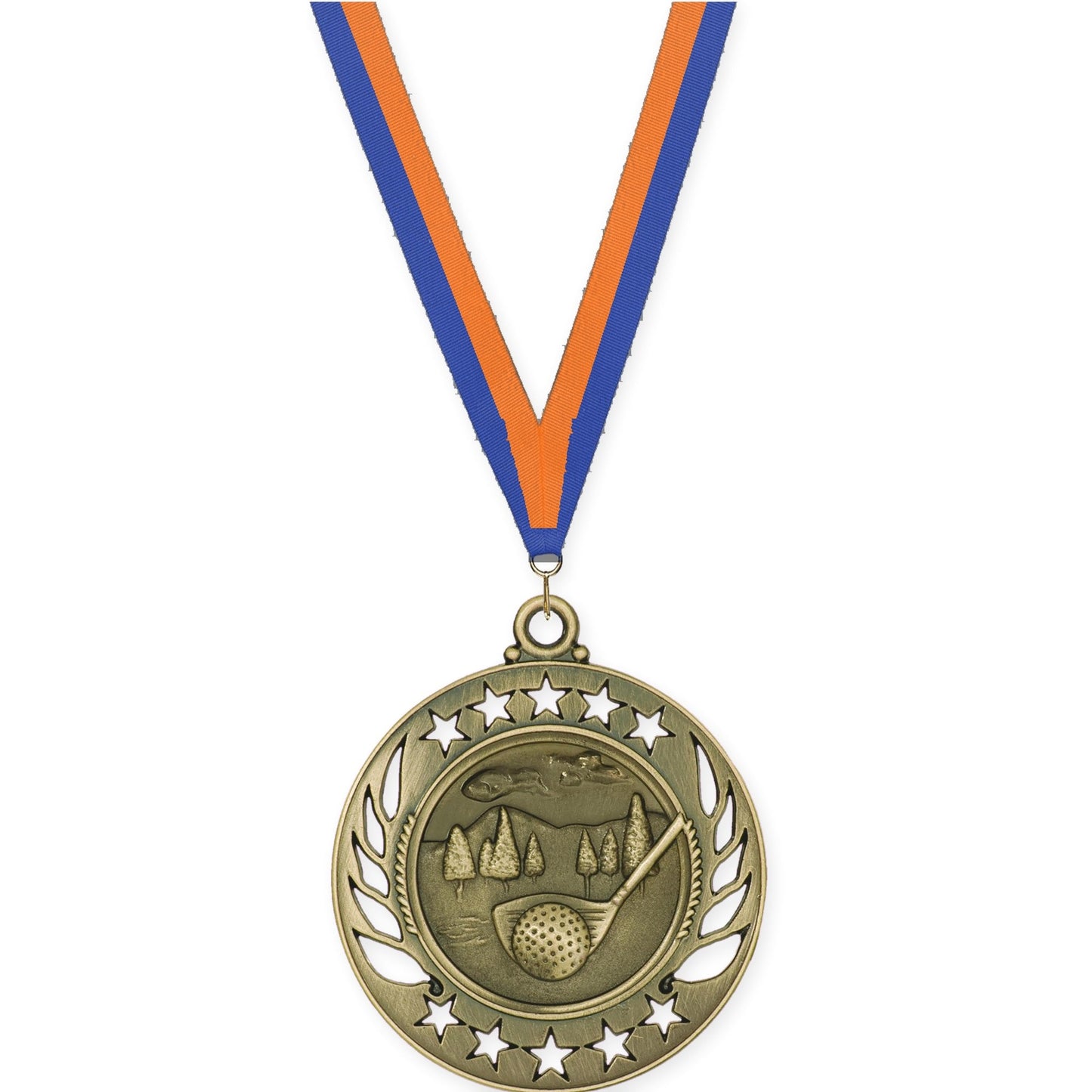 2 1/4 inch golf Galaxy medal in antique gold with Blue Orange neck ribbon