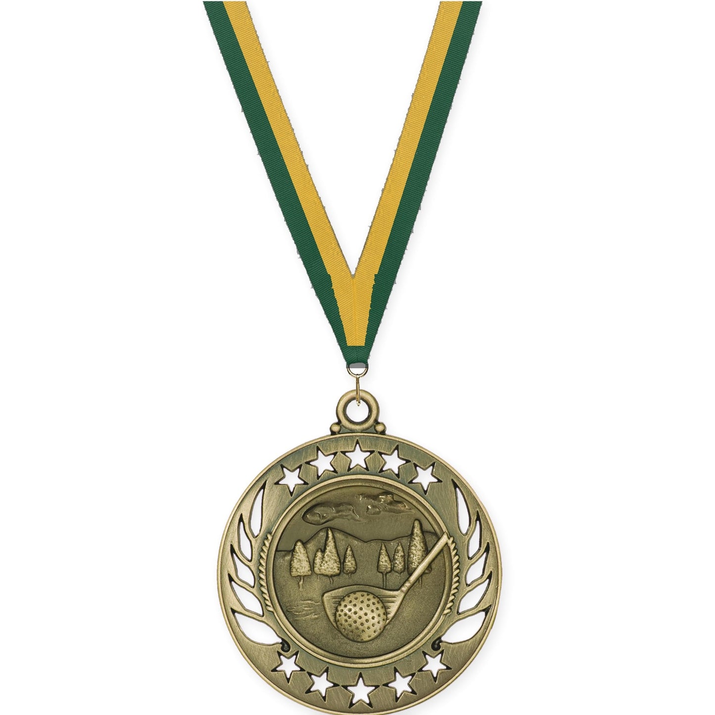 2 1/4 inch golf Galaxy medal in antique gold with Hunter Green Gold neck ribbon