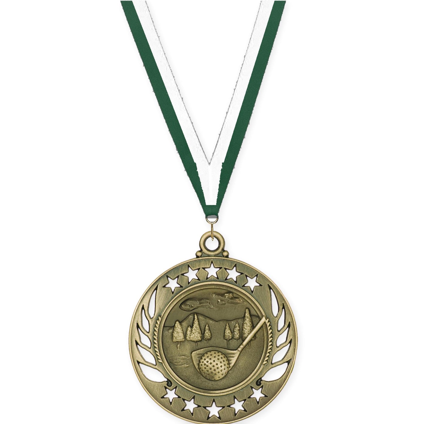 2 1/4 inch golf Galaxy medal in antique gold with Hunter Green White neck ribbon