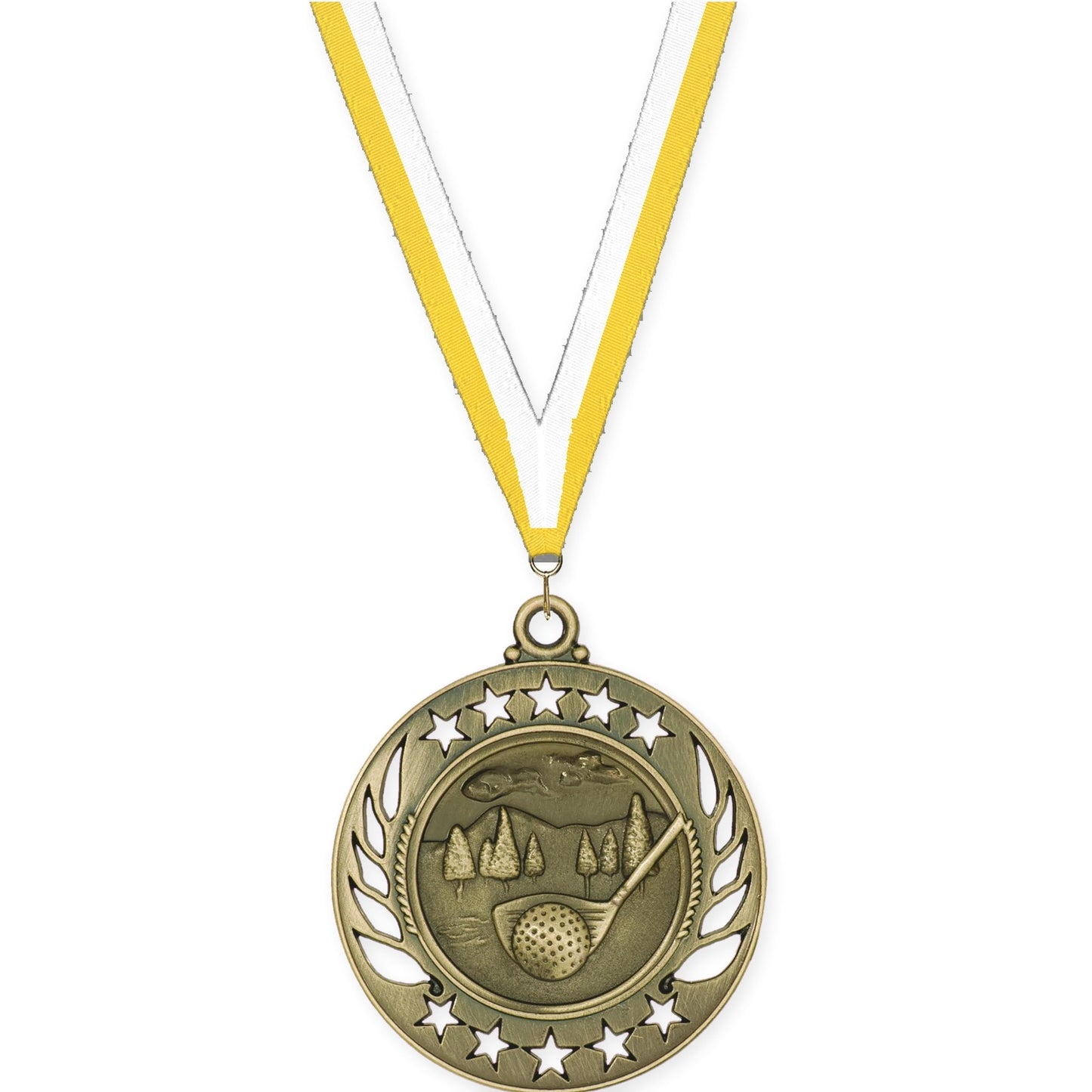 2 1/4 inch golf Galaxy medal in antique gold with Yellow White neck ribbon