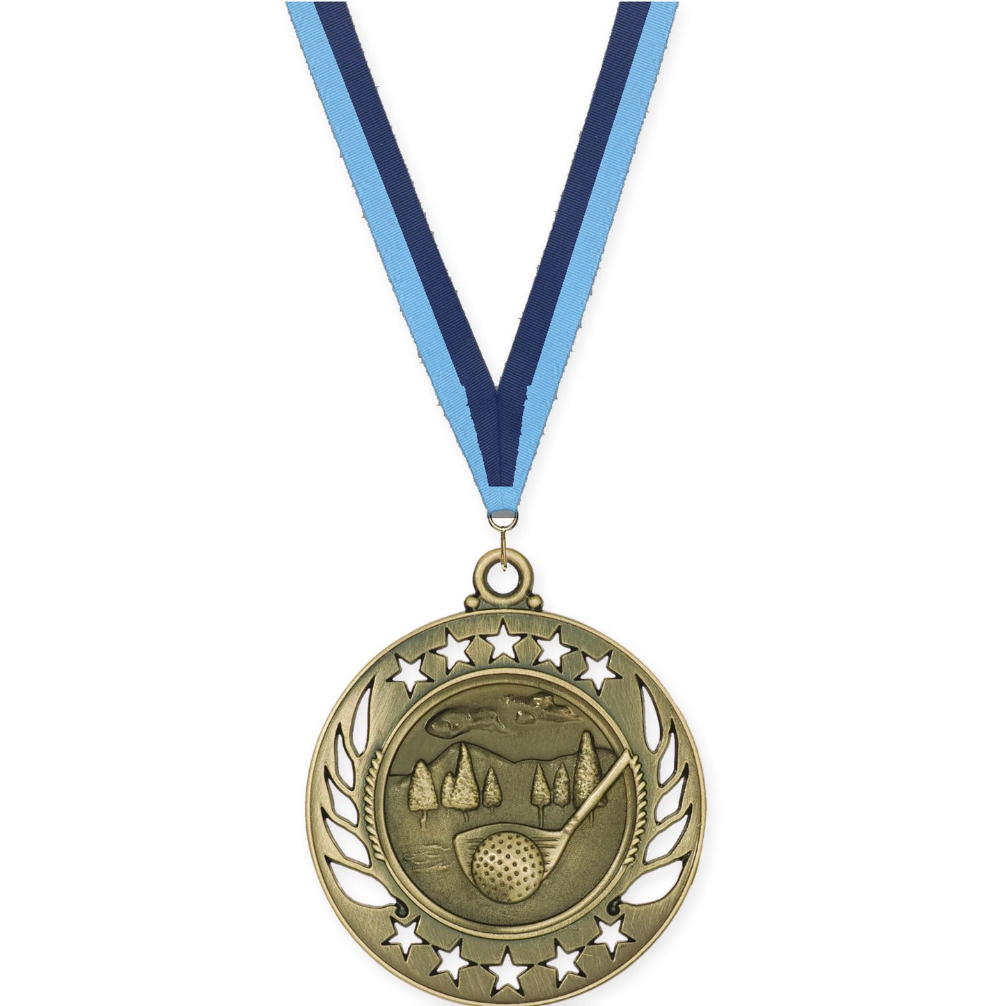 2 1/4 inch golf Galaxy medal in antique gold with Light Blue Navy neck ribbon