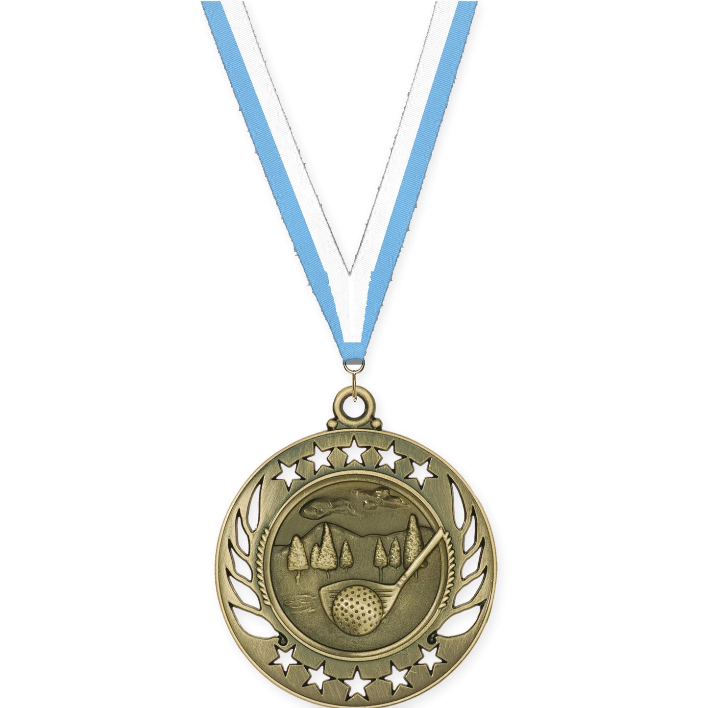 2 1/4 inch golf Galaxy medal in antique gold with Light Blue White neck ribbon