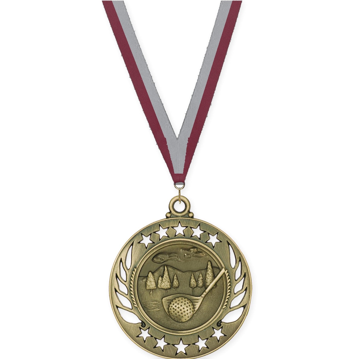 2 1/4 inch golf Galaxy medal in antique gold with Maroon Gray neck ribbon