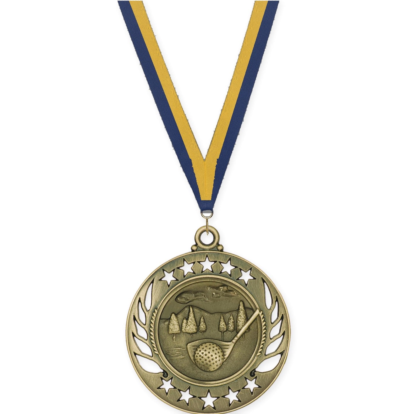2 1/4 inch golf Galaxy medal in antique gold with Navy Gold neck ribbon