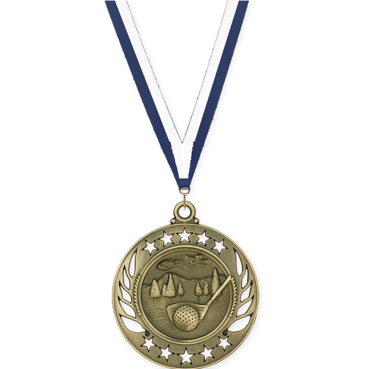 2 1/4 inch golf Galaxy medal in antique gold with Navy White neck ribbon
